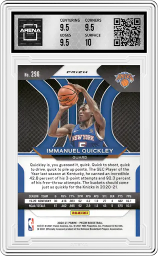 Immanuel Quickley from the 2020-21 Panini Prizm set featuring a Blue Wave parallel graded by Arena Club and given an overall grade of 10.
