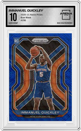 Immanuel Quickley from the 2020-21 Panini Prizm set featuring a Blue Wave parallel graded by Arena Club and given an overall grade of 10.