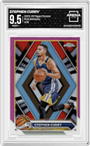 Stephen Curry from the 2023-24 Topps Chrome set featuring a Pink Refractor parallel graded by Arena Club and given an overall grade of 9.5.