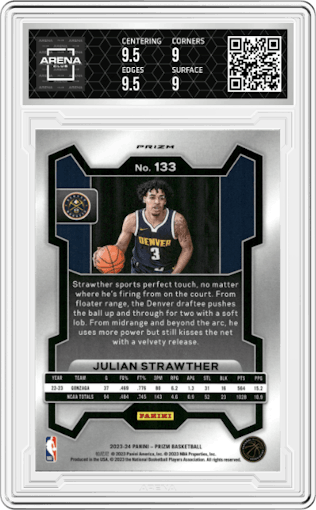 Julian Strawther from the 2023-24 Panini Prizm set featuring a Hyper Prizm parallel graded by Arena Club and given an overall grade of 9.5.