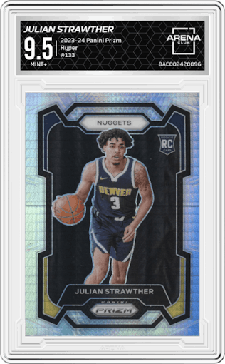 Julian Strawther from the 2023-24 Panini Prizm set featuring a Hyper Prizm parallel graded by Arena Club and given an overall grade of 9.5.