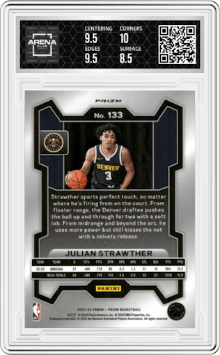 Julian Strawther from the 2023-24 Panini Prizm set featuring a Silver Prizm  parallel graded by Arena Club and given an overall grade of 9.