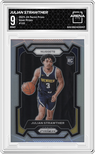 Julian Strawther from the 2023-24 Panini Prizm set featuring a Silver Prizm  parallel graded by Arena Club and given an overall grade of 9.
