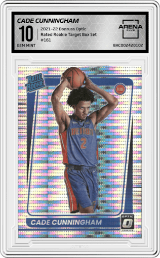 Cade Cunningham from the 2021-22 Panini Donruss Optic set featuring a Target Box Set parallel graded by Arena Club and given an overall grade of 10.