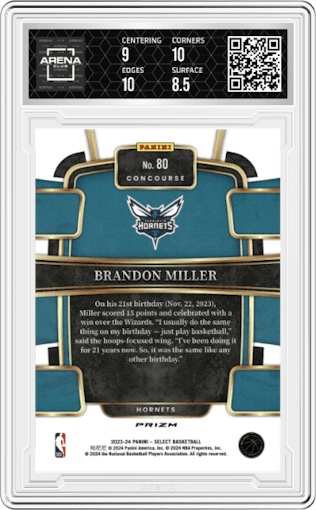 Brandon Miller from the 2023-24 Panini Select  set featuring a Blue Prizm parallel graded by Arena Club and given an overall grade of 9.