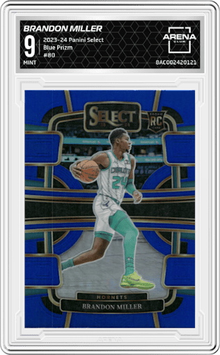 Brandon Miller from the 2023-24 Panini Select  set featuring a Blue Prizm parallel graded by Arena Club and given an overall grade of 9.