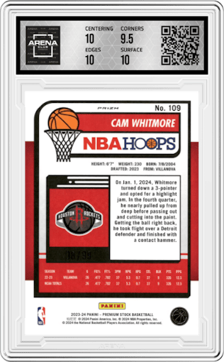 Cam Whitmore from the 2023-24 Panini Hoops Premium Stock set featuring a Disco Blue parallel graded by Arena Club and given an overall grade of 10.