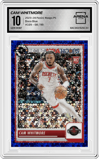 Cam Whitmore from the 2023-24 Panini Hoops Premium Stock set featuring a Disco Blue parallel graded by Arena Club and given an overall grade of 10.