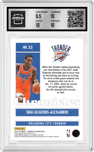 Shai Gilgeous-Alexander from the 2021-22 Panini Chronicles set featuring a Asia Jade parallel graded by Arena Club and given an overall grade of 10.