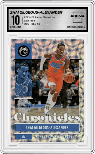 Shai Gilgeous-Alexander from the 2021-22 Panini Chronicles set featuring a Asia Jade parallel graded by Arena Club and given an overall grade of 10.