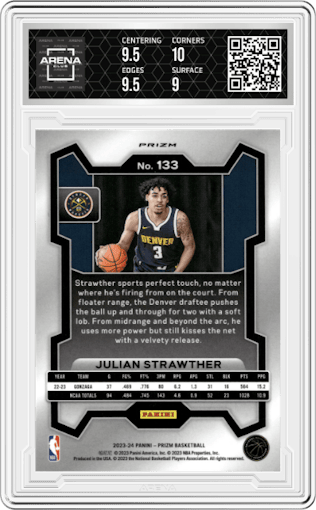 Julian Strawther from the 2023-24 Panini Prizm set featuring a Silver Prizm  parallel graded by Arena Club and given an overall grade of 9.5.