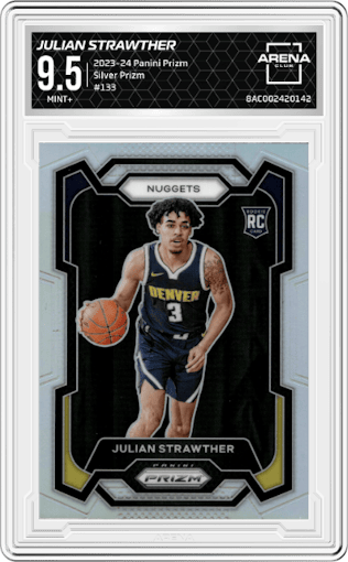 Julian Strawther from the 2023-24 Panini Prizm set featuring a Silver Prizm  parallel graded by Arena Club and given an overall grade of 9.5.