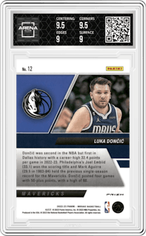 Luka Doncic from the 2022-23 Panini Mosaic set featuring a Mosaic parallel graded by Arena Club and given an overall grade of 9.5.