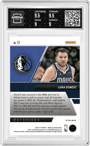Luka Doncic from the 2022-23 Panini Mosaic set featuring a Mosaic parallel graded by Arena Club and given an overall grade of 9.5.