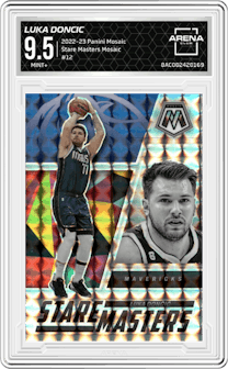 Luka Doncic from the 2022-23 Panini Mosaic set featuring a Mosaic parallel graded by Arena Club and given an overall grade of 9.5.