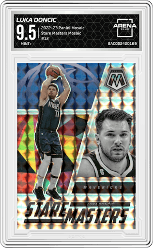 Luka Doncic from the 2022-23 Panini Mosaic set featuring a Mosaic parallel graded by Arena Club and given an overall grade of 9.5.