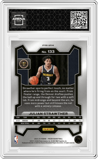 Julian Strawther from the 2023-24 Panini Prizm set featuring a Silver Prizm  parallel graded by Arena Club.
