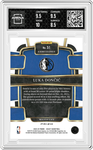 Luka Doncic from the 2023-24 Panini Select  set featuring a Blue Prizm parallel graded by Arena Club and given an overall grade of 9.