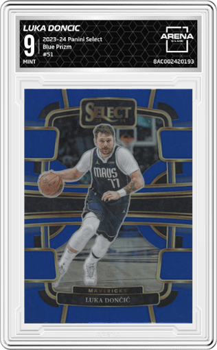 Luka Doncic from the 2023-24 Panini Select  set featuring a Blue Prizm parallel graded by Arena Club and given an overall grade of 9.