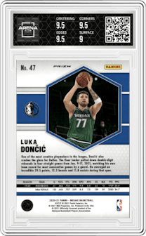 Luka Doncic from the 2020-21 Panini Mosaic set featuring a Silver parallel graded by Arena Club and given an overall grade of 9.5.