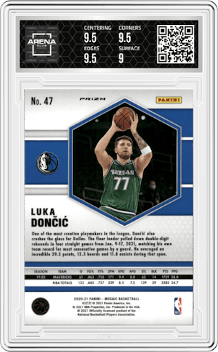 Luka Doncic from the 2020-21 Panini Mosaic set featuring a Silver parallel graded by Arena Club and given an overall grade of 9.5.