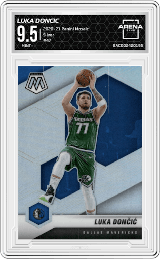 Luka Doncic from the 2020-21 Panini Mosaic set featuring a Silver parallel graded by Arena Club and given an overall grade of 9.5.