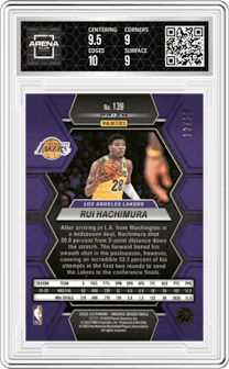 Rui Hachimura from the 2022-23 Panini Mosaic set featuring a Fast Break Pink parallel graded by Arena Club and given an overall grade of 9.5.