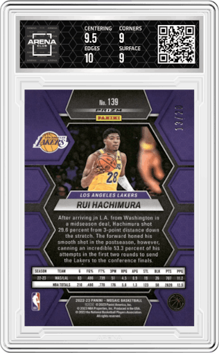 Rui Hachimura from the 2022-23 Panini Mosaic set featuring a Fast Break Pink parallel graded by Arena Club and given an overall grade of 9.5.