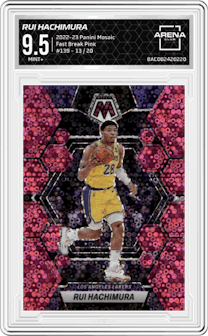 Rui Hachimura from the 2022-23 Panini Mosaic set featuring a Fast Break Pink parallel graded by Arena Club and given an overall grade of 9.5.