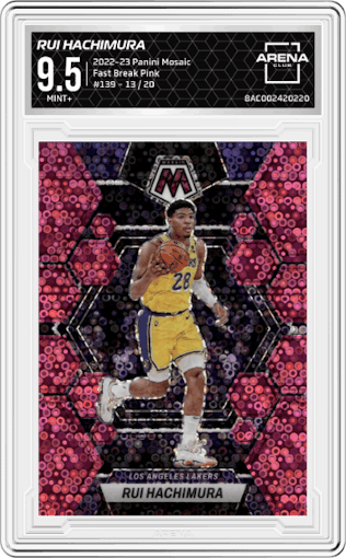 Rui Hachimura from the 2022-23 Panini Mosaic set featuring a Fast Break Pink parallel graded by Arena Club and given an overall grade of 9.5.