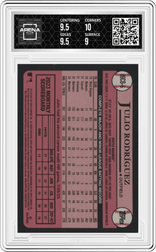 Julio Rodríguez from the 2024 Topps Chrome set graded by Arena Club and given an overall grade of 9.5.