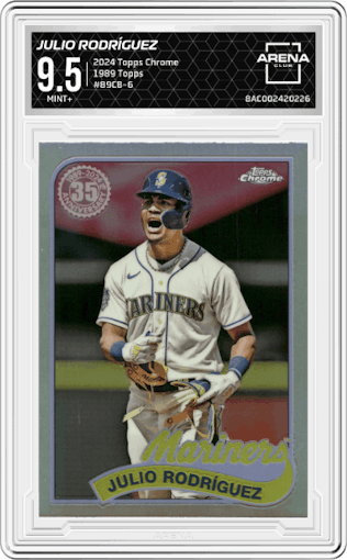Julio Rodríguez from the 2024 Topps Chrome set graded by Arena Club and given an overall grade of 9.5.