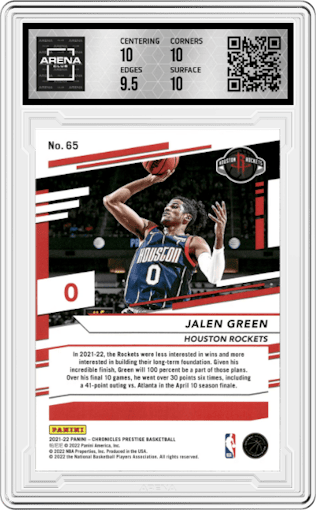 Jalen Green from the 2021-22 Panini Chronicles set featuring a Asia parallel graded by Arena Club and given an overall grade of 10.