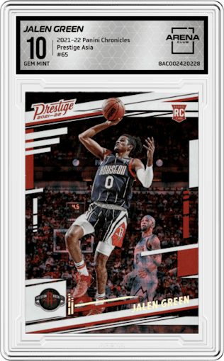 Jalen Green from the 2021-22 Panini Chronicles set featuring a Asia parallel graded by Arena Club and given an overall grade of 10.