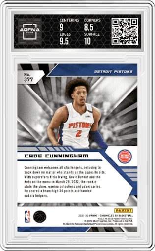 Cade Cunningham from the 2021-22 Panini Chronicles set featuring a Asia parallel graded by Arena Club and given an overall grade of 9.
