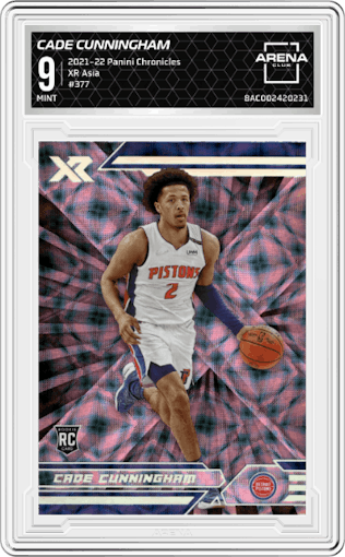 Cade Cunningham from the 2021-22 Panini Chronicles set featuring a Asia parallel graded by Arena Club and given an overall grade of 9.