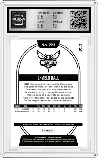 LaMelo Ball from the 2020-21 Panini NBA Hoops set graded by Arena Club and given an overall grade of 10.