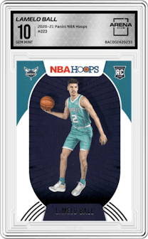 LaMelo Ball from the 2020-21 Panini NBA Hoops set graded by Arena Club and given an overall grade of 10.