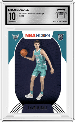 LaMelo Ball from the 2020-21 Panini NBA Hoops set graded by Arena Club and given an overall grade of 10.