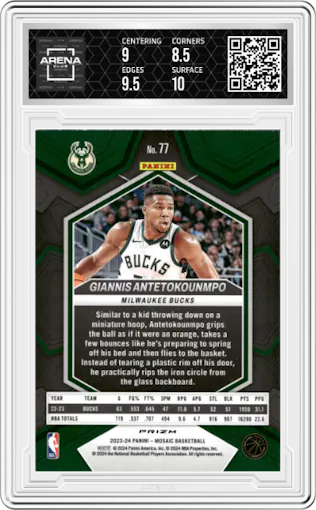Giannis Antetokounmpo from the 2023-24 Panini Mosaic set featuring a Green Mosaic parallel graded by Arena Club and given an overall grade of 9.