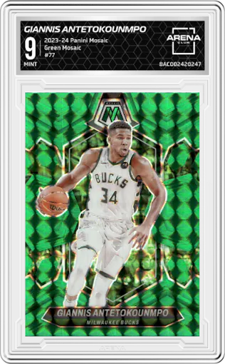 Giannis Antetokounmpo from the 2023-24 Panini Mosaic set featuring a Green Mosaic parallel graded by Arena Club and given an overall grade of 9.