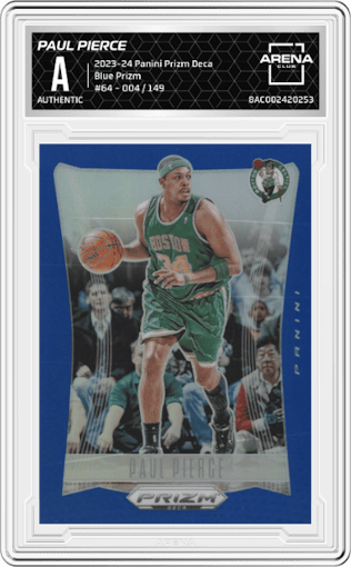 Paul Pierce from the 2023-24 Panini Prizm Deca set featuring a Blue Prizm parallel graded by Arena Club.