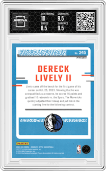 Dereck Lively II from the 2023-24 Donruss Optic set featuring a Holo parallel graded by Arena Club and given an overall grade of 9.