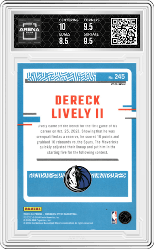 Dereck Lively II from the 2023-24 Donruss Optic set featuring a Holo parallel graded by Arena Club and given an overall grade of 9.