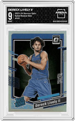 Dereck Lively II from the 2023-24 Donruss Optic set featuring a Holo parallel graded by Arena Club and given an overall grade of 9.