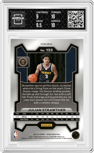 Julian Strawther from the 2023-24 Panini Prizm set featuring a Silver Prizm  parallel graded by Arena Club and given an overall grade of 9.5.