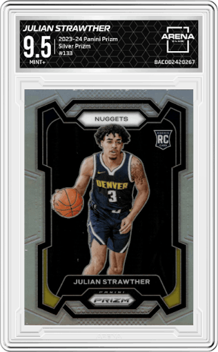 Julian Strawther from the 2023-24 Panini Prizm set featuring a Silver Prizm  parallel graded by Arena Club and given an overall grade of 9.5.