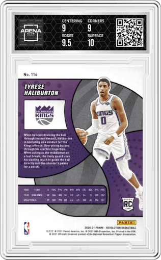 Tyrese Haliburton from the 2020-21 Panini Revolution set graded by Arena Club and given an overall grade of 9.5.