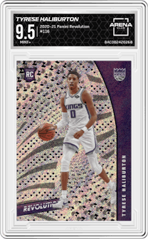 Tyrese Haliburton from the 2020-21 Panini Revolution set graded by Arena Club and given an overall grade of 9.5.