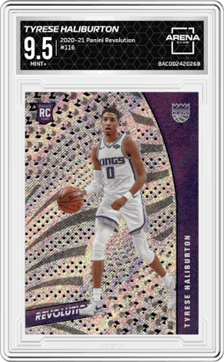 Tyrese Haliburton from the 2020-21 Panini Revolution set graded by Arena Club and given an overall grade of 9.5.